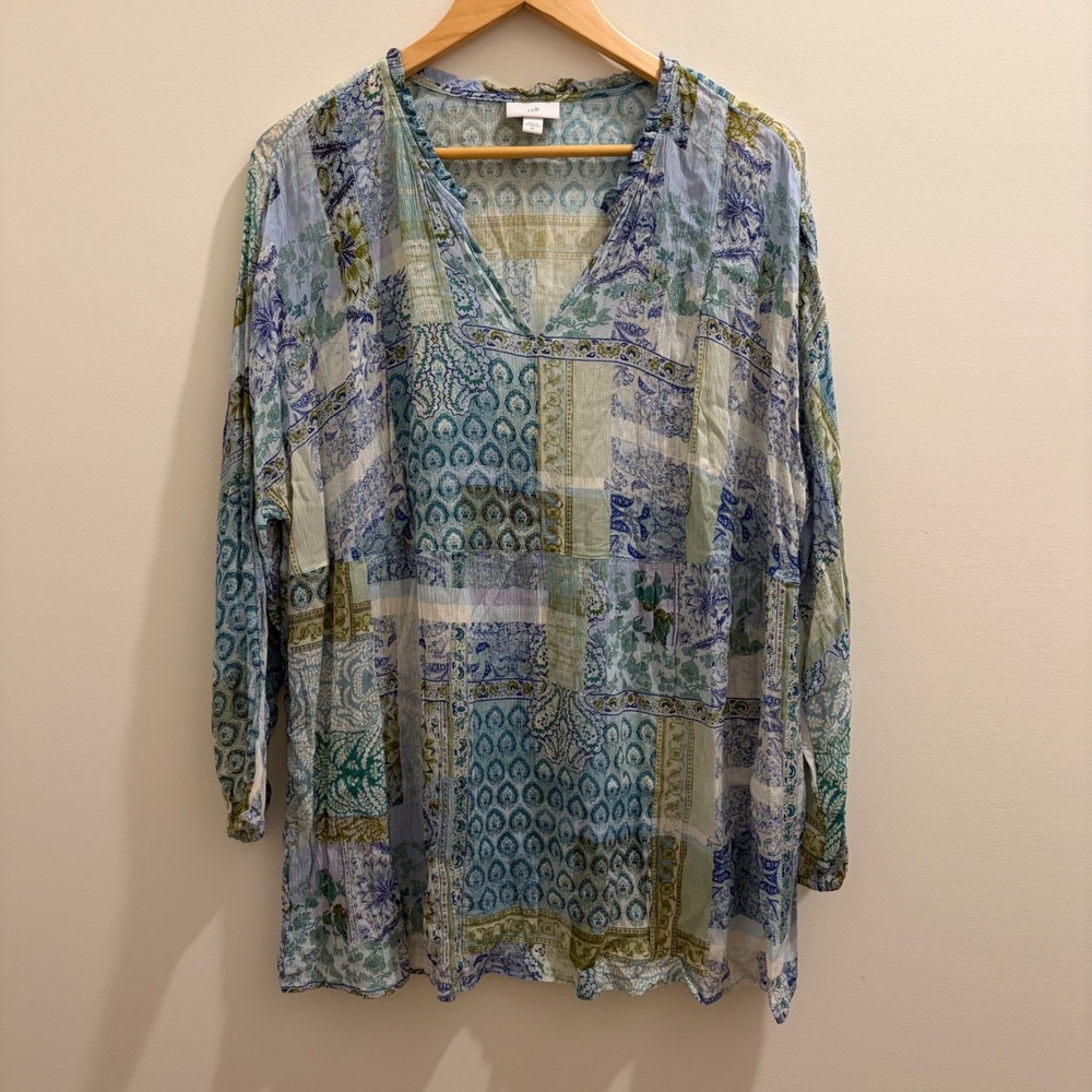 J. Jill Blue Patchwork Paisley Crinkle Rayon V-Neck Tunic Top XL Boho Floral